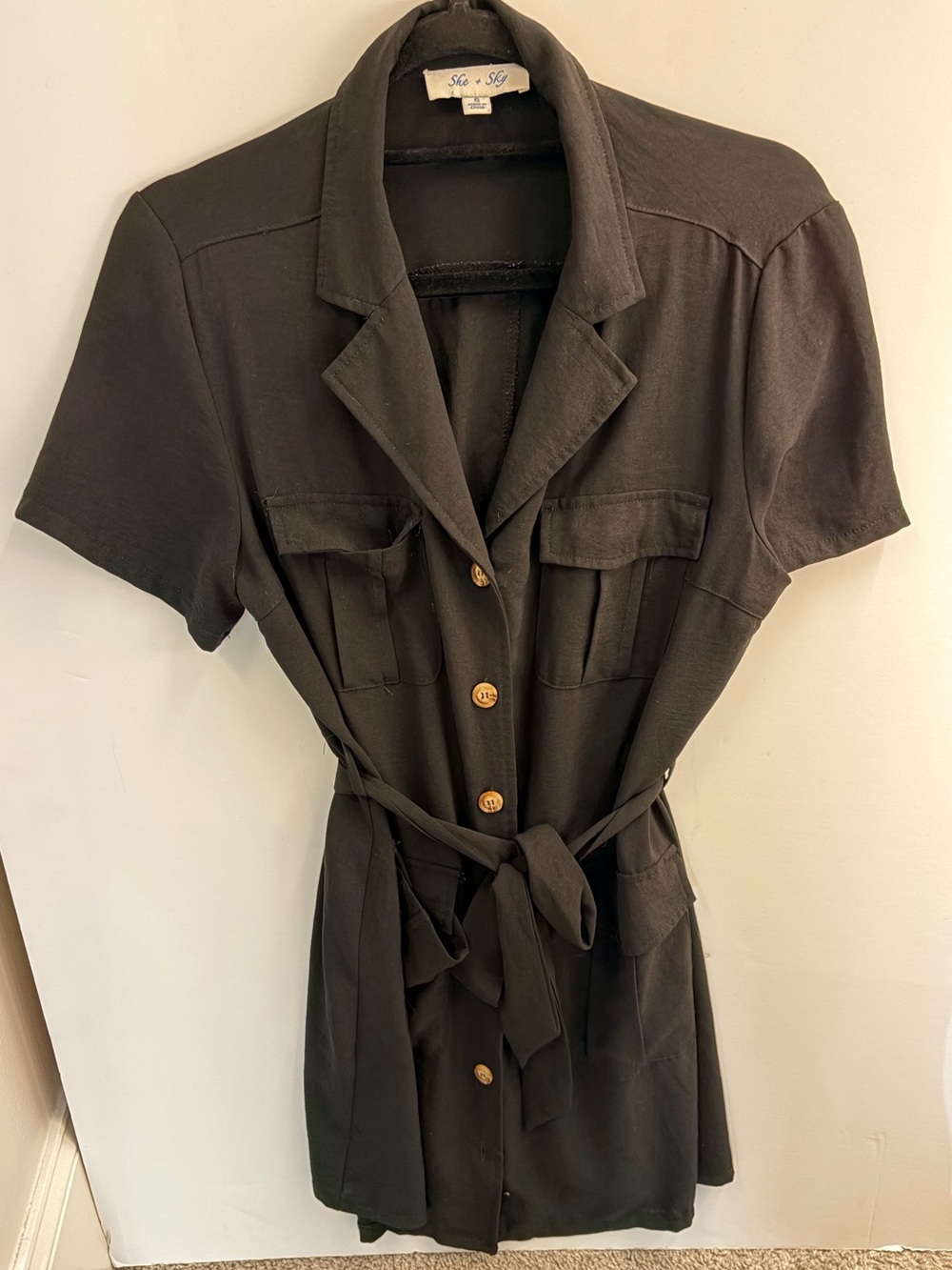 Black Button-Front Utility Shirt Dress with Tie Waist